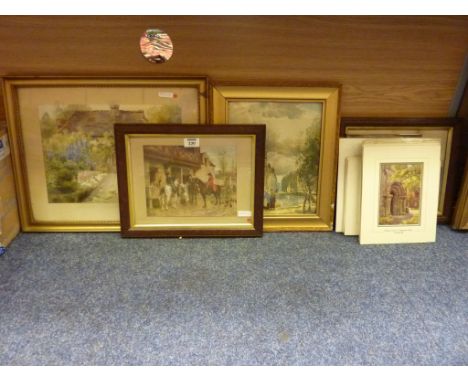 Cottage Garden early 20th century watercolour sighed by G H Harris, two coloured hunting prints, Dutch canal scene print and 