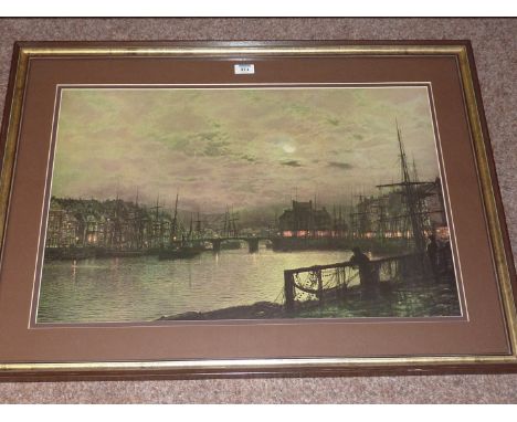 Whitby Harbour by Moonlight, large colour print after Atkinson Grimshaw