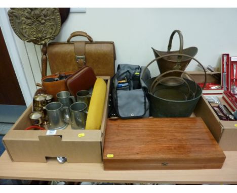 Canon Speedlite 177A camera, binoculars, tankards, brass jam pans and other decorative items in one box