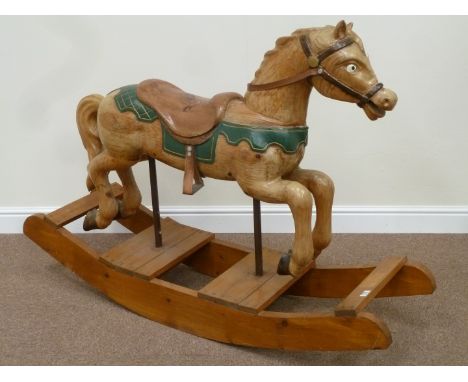Early 20th century Spanish carved pine rocking horse, H109cm