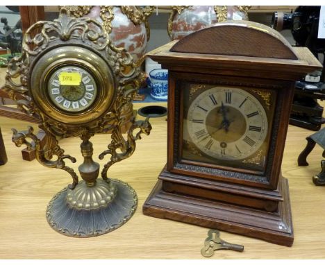 Mantle clock in oak case H29cm,  brass mantel clock and a jardiniere stand 