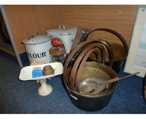 Vintage kitchenalia - set of four graduating brass jam pans, two copper saucepans, enamel bread and flour bins, butter churn,