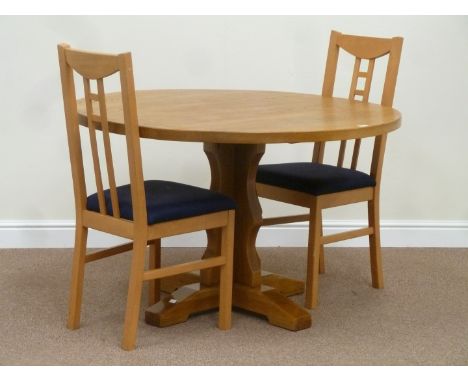 Circular light oak pedestal dining table, D120cm and two chairs