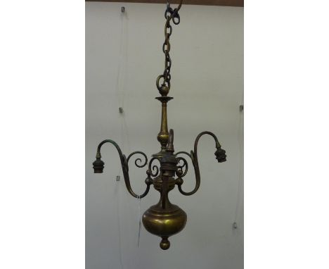 Early 20th century brass three branch chandelier centre light fitting