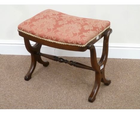 Reproduction mahogany X framed stool with upholstered top, L54cm