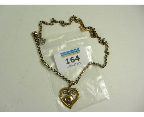 Edwardian heart shaped 15ct gold ruby and pearl pendant Chester 1903 on chain stamped 9c approx 9.4oz gross