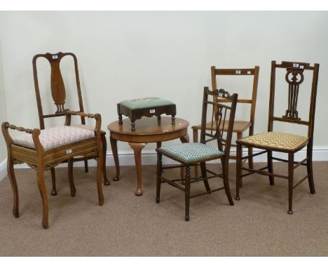 Four Edwardian inlaid mahogany bedroom chairs, piano stool, small stool and a circular coffee table (7)