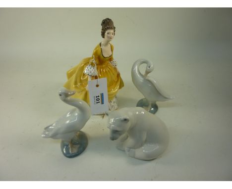 Royal Doulton figure 'Coralie' HN2307, Lladro polar bear and two Lladro geese