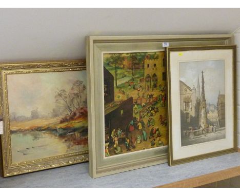 'Children's Games' colour print after Breughel; River Landscape, oil on board signed by H Beadnell and a 19th century coloure