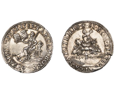 Defeat of the Spanish Armada, 1589, a silver jeton, unsigned, Elizabeth I seated left in car, holding palm branch and open pr