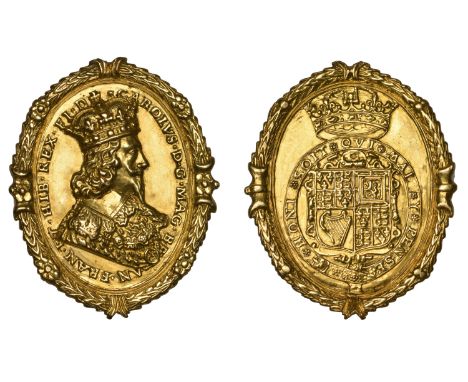 Charles I, a cast and chased gold Royalist badge, unsigned [by T. Rawlins], crowned bust right with long hair, in falling lac