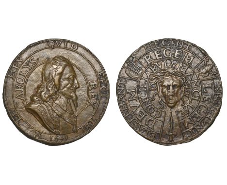 Charles I, Memorial, 1649, a cast bronze medal, unsigned, similar to last but obv. with two inner circles, reads carolys, 54m