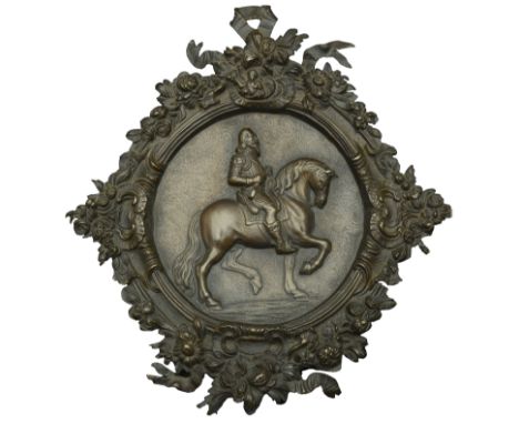 Charles I, an oval cast bronze plaque, unsigned [after F. Fanelli], King on horseback right, decorative border, 245 x 230mm. 