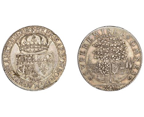 Tribute to Henrietta Maria of Bourbon, 1628, a silver medal by N. Briot, conjoined shields of England and France crowned, hm 