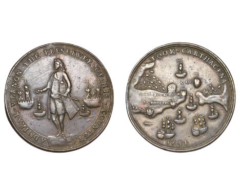 Capture of Cartagena, 1741, a bronze medal, unsigned, standing figure of Admiral Vernon, fort and a small boat either side, a