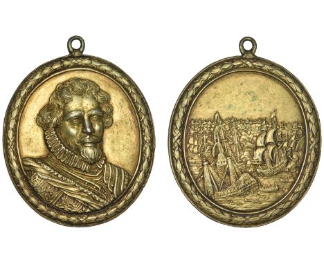 Admiral Blake, Naval Reward, 1653, an oval gilt-bronze medal by A. Simon, bust three-quarters right in stiff ruff, armour and