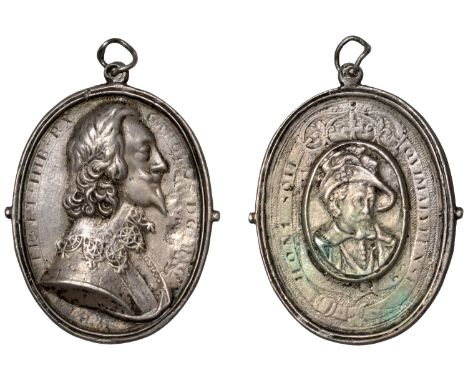 Charles I and James I, a cast and chased silver Royalist badge, unsigned, bust right surrounded by engraved legend, as previo