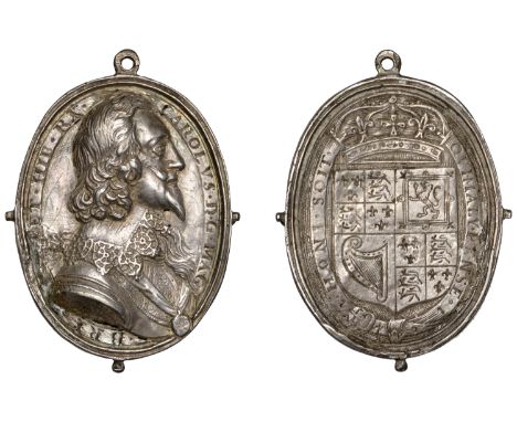 Charles I, a cast and chased silver Royalist badge, unsigned, similar to last, 39 x 30mm, 7.12g (Platt I, pp.170-1, type F [F