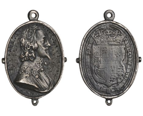 Charles I, a cast and chased silver Royalist badge, unsigned, similar to last, 34 x 26mm, 11.97g (Platt I, p.170, type C, thi