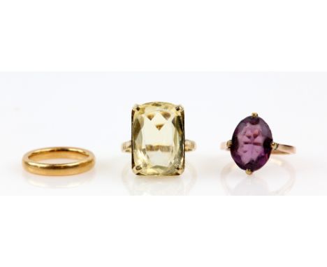 Three rings, wedding band, in  22 ct, hallmarked London 1933, ring size M,  another set with citrine, estimated total weight 