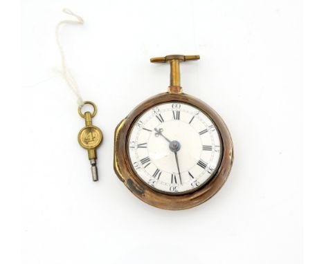 18th C fusee gilt metal pair cased pocket watch, enamel dial with Roman numerals , minute track with Arabic numerals, the mov