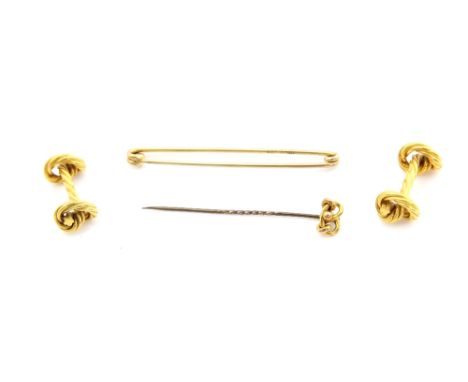 A pair of vintage knot cufflinks, in 9 ct yellow gold hallmarked London1976,  brooch, with knot stick pin stamped 18 ct and b