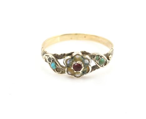 Three rings, one early 19th C floral motif, central set with round cut red paste stone surrounded by a seed pearl border, tur
