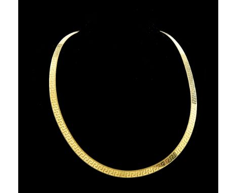 A vintage gold collar necklace, with frosted  finish and Greek key design, 9 ct .      CONDITION, 33 grams 