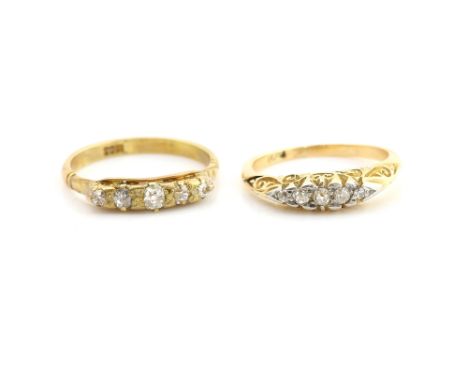 Two diamond set rings, C1900, each set with old cut diamonds in carved setting, ring sizes I and K, both in 18 ct yellow gold