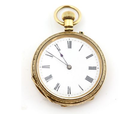 Ladies open faced pocket watch,the  enamel dial with Roman numerals and minute track,fitted with a lever wound movement, The 