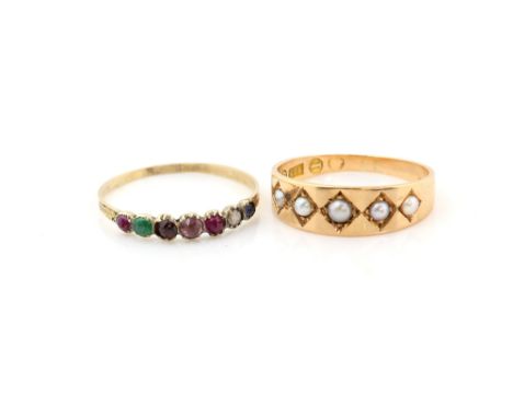 19th C multi stone ring, spelling Regard, minily old cut stones in collet setting unmarked gold, size N 1/2 and a pearl set r