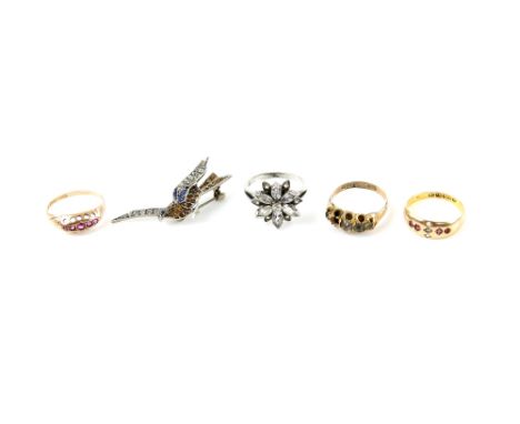 Mixed group of jewellery, Edwardian silver paste set bird brooch, two Victorian gold rings with ruby and pearl and two paste 