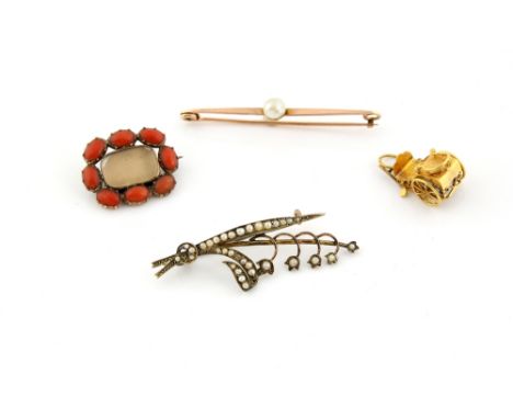 Three gold brooches, cart charm, testing as 18 ct, Victorian brooch, central glazed panel, frame made up of eight oval caboch