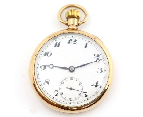 Gold 1920's keyless wind pocket watch, enamel dial with Arabic numerals, subsidiary dial and minute track, Swiss made 15 jewe