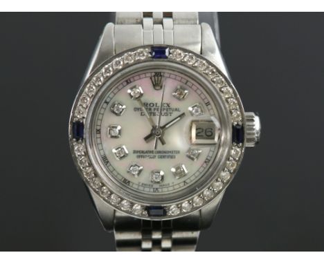 Rolex ladies' Date just 6900 wristwatch, the signed mother of pearl dial set with diamond hour markers, date at 3, mounted wi