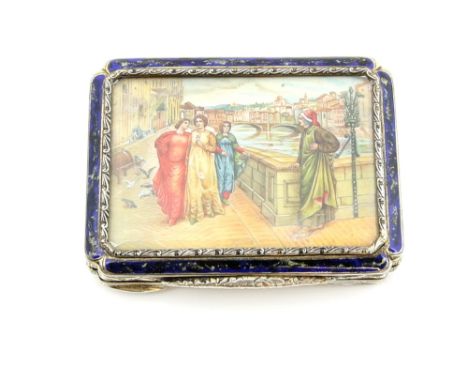 Continental silver and enamel box, the top painted with figures in a Venetian scene, glazed, the enamel sides painted as Lapi