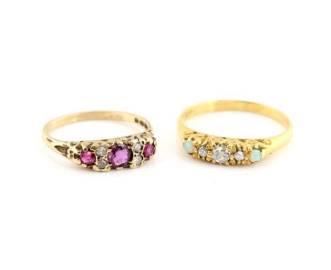 A Victorian opal and diamond ring in 18 ct gold and a later garnet set ring in 9 ct  .     CONDITION