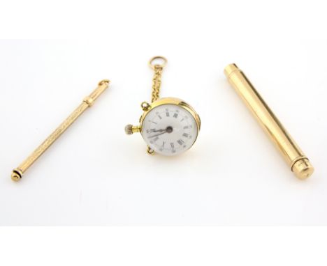 Sampson Mordan gold cased retracting pencil, stamped makers mark and 9 ct, a spherical skeleton pocket watch pendant, testing