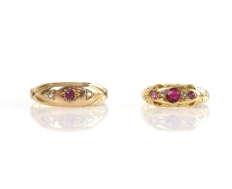 Two Victorian ruby and diamond set rings, one in 18 ct, and another in 15 ct, ring sizes K 1/2 and P1/2   .     Good conditio