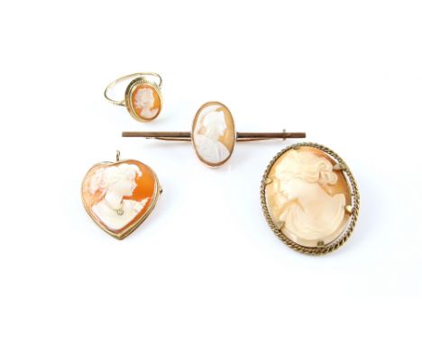 A Victorian brooch with Centurion cameo, in umarked gold, a later heart pendant set with small diamond, a cameo ring, both 9 