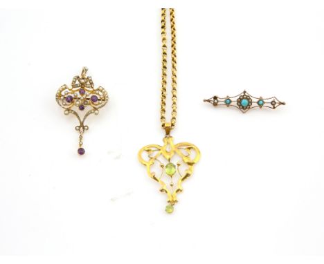 Two Edwardian gem set pendants, one set with amethyst and seed pearls, another set with green paste stones, together with a t