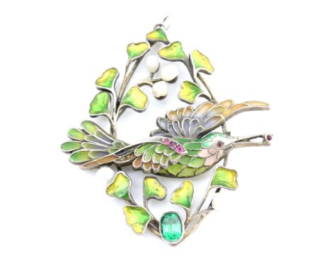 Art Nouveau plique a jour enamel bird pendant set with baroque pearls and green and red paste stones in unmarked silver, prob