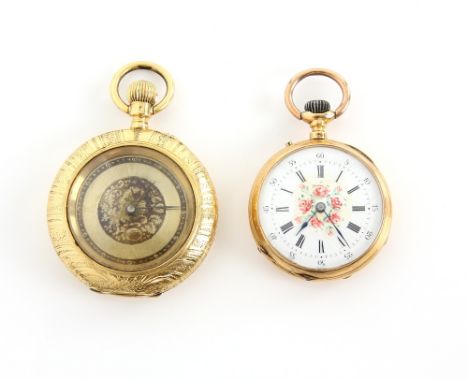 Two ladies gold pocket watches,one with patinated engraved dial depicting flowers and a butterfly, marks for 18 ct, and a Fre