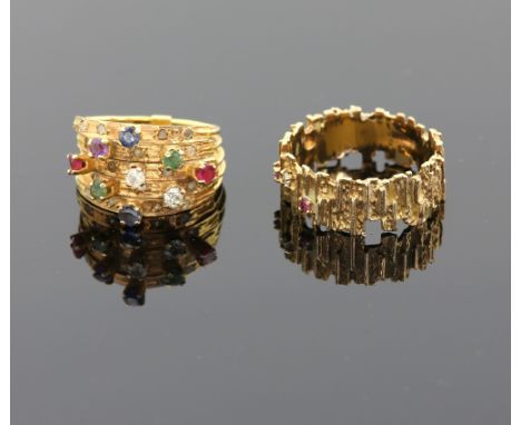 Two vintage rings, Egyptian multi gem set ring, including diamond, sapphire, ruby, emerald, amethyst and two paste stones, mo