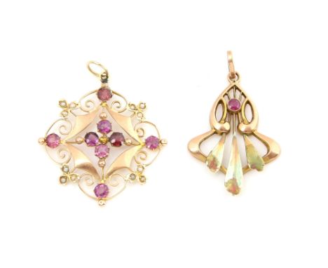 Art nouveau pendant set with round cut ruby and enamel, articulated bail, 3.9 x 2.4cm and another set with pink tourmaline an