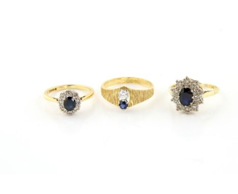 Three sapphire and diamond rings, one 1960's vintage ring set with round brilliant cut diamond and a round cut sapphire, ring