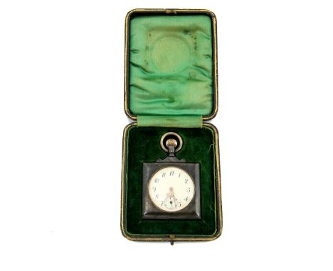 Square gun metal cased pocket, the unsigned round enamel dial with Arabic numerals and subsidiary dial, fitted with a lever w