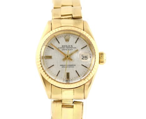 Vintage Rolex ladies date just ref 6917,wristwatch in 18 ct gold case, signed dial with baton hour markers and date at 3 fitt