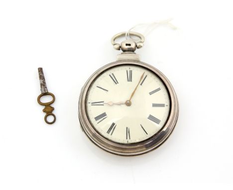  A silver pair cased pocket watch, enamel dial with Roman numerals and minute track, fitted with an unsigned fusee movement,t