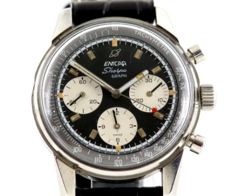 Enicar Sherpa graph 300 Chronograph , the black signed dial with tritium indexes and white subsidiary dials, the stainless ca